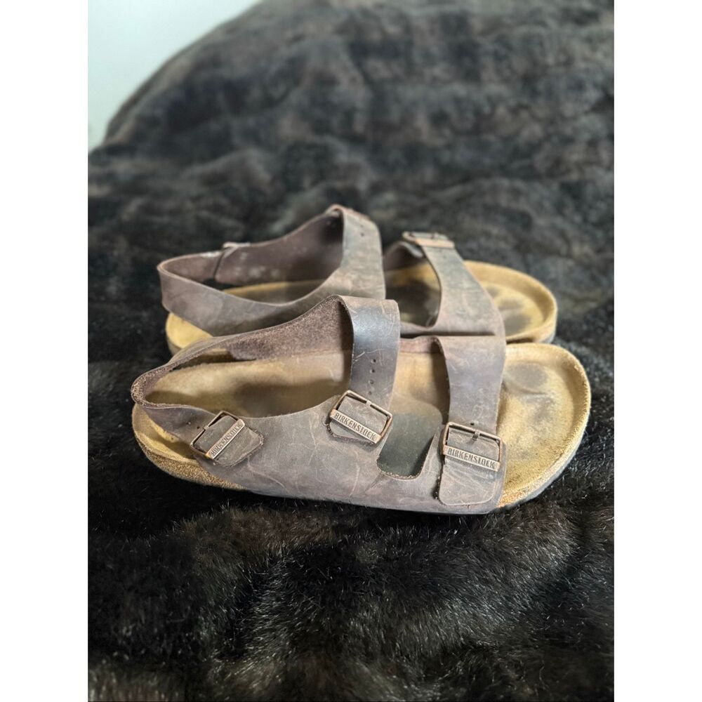 Birkenstock Brown Leather Two-Strap Sandals with Buckles